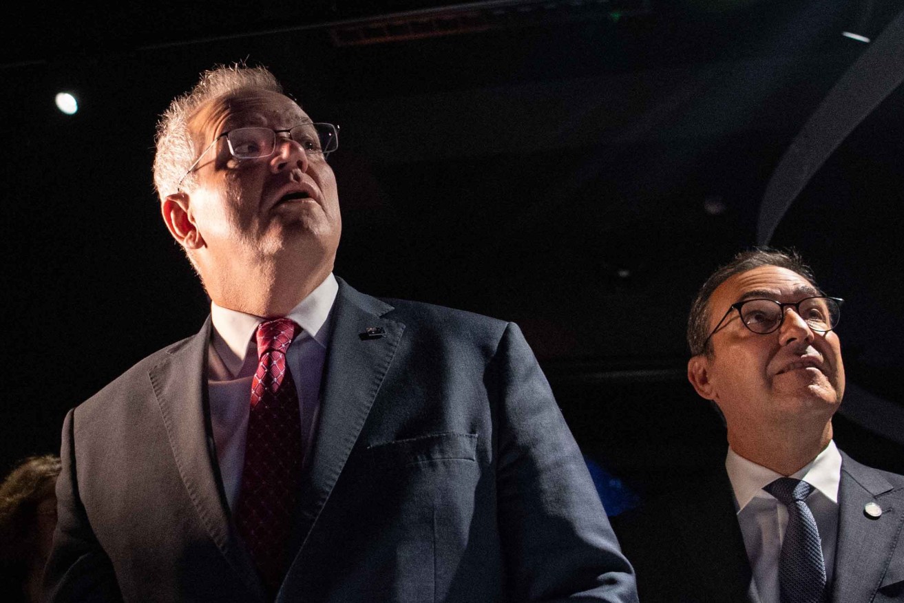 Peering into the future... Scott Morrison and  Steven Marshall at Adelaide's Australian Space Discovery Centre in 2021. Photo: AAP/Morgan Sette
