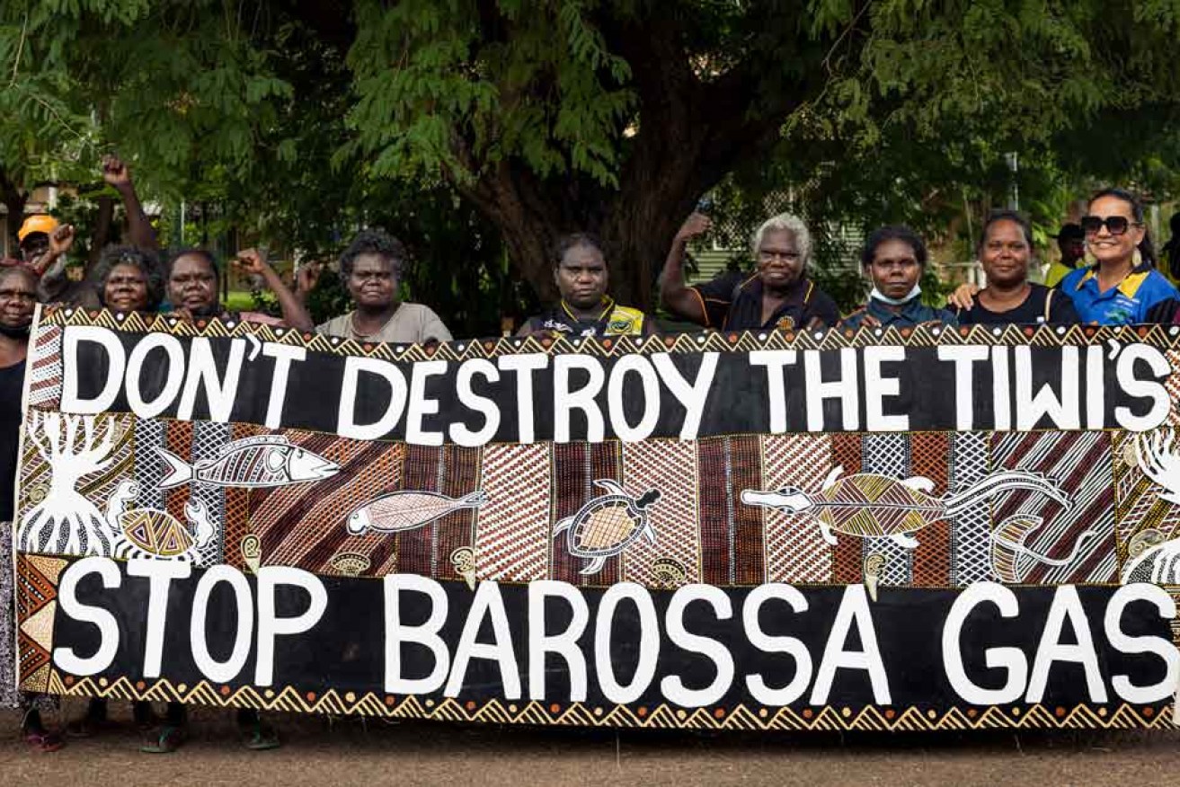 Tiwi Islanders protest a Santos gas pipeline project in 2022. Photo supplied image