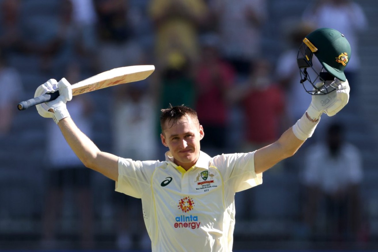 Marnus Labuschagne celebrates reaching a century against the West Indies in Perth. Photo: AAP/Richard Wainwright