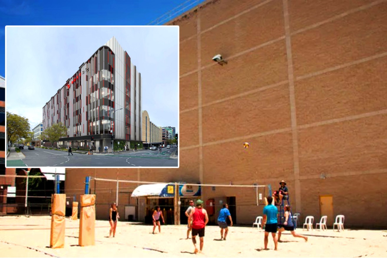 National company NEXTDC is proposing to build a six-storey data centre on the former CBD beach volleyball courts. Inset Image: Hames Sharley/NEXTDC. Photo: Angela Skujins/CityMag