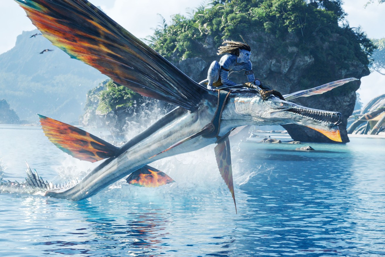 The Na’vi people soar through the sky on colour-splashed dragons. Photo: Vanessa Lastro / 20th Century Studios 