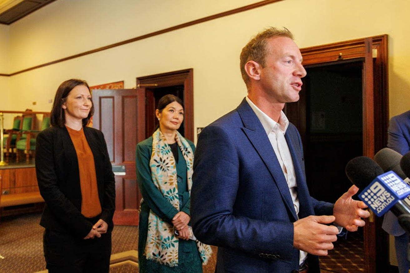 Liberal leader David Speirs with the taskforce's chairperson Nicola Centofanti and member Jing Lee. Photo: Tony Lewis/InDaily