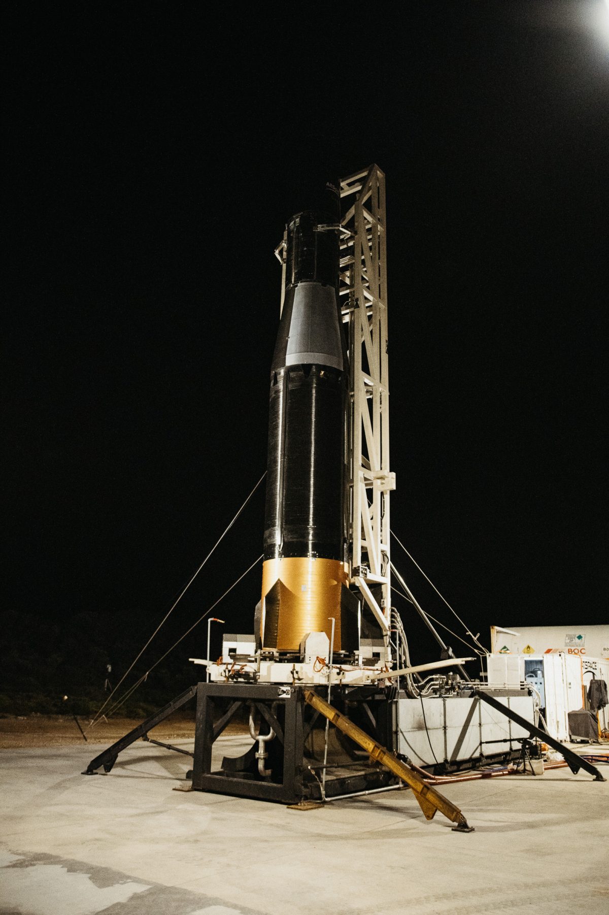 The ATSpace Kestrel I rocket on the launchpad at Whalers Way Orbital Launch Complex. Photo: Supplied/ Southern Launch