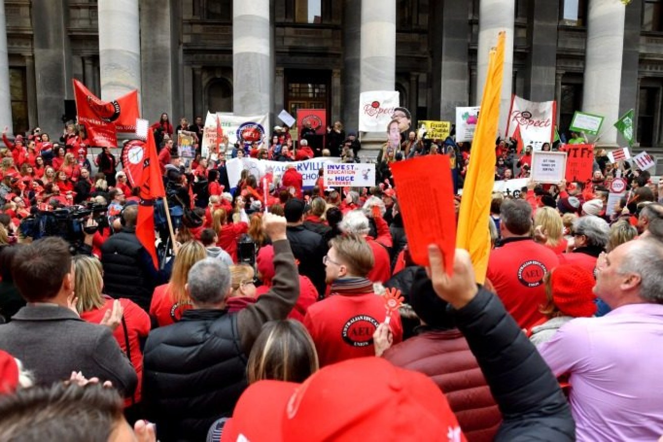 An Australian Education Union rally on the steps of state parliament in 2019. Photo: Sam Wundke/AAP