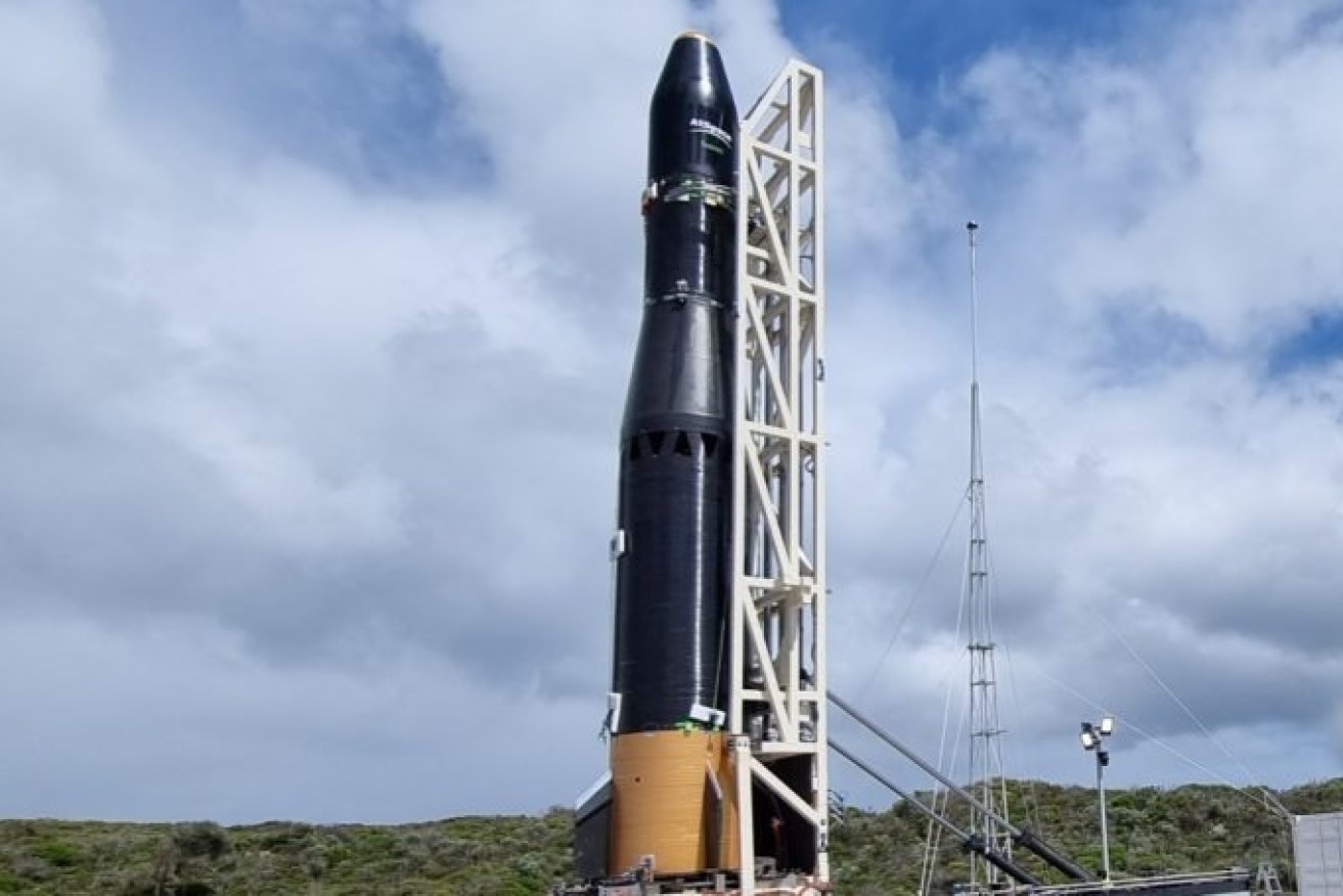 A Kestrel I rocket ready for launch at the Whalers Way Orbital Launch Complex on the Eyre Peninsula. Photo: Supplied