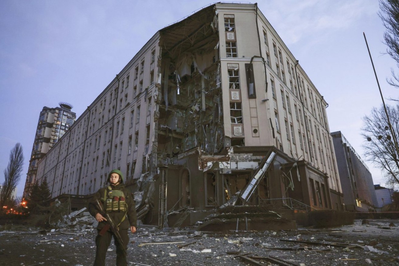 A hotel hit by a Russian rocket in Ukraine's capital Kyiv in late December. Photo: Kyodo via AP