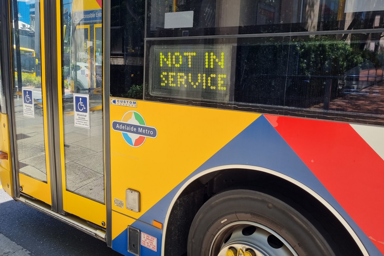 An out of service Adelaide Metro bus during Monday's strike action. Photo: Thomas Kelsall/InDaily