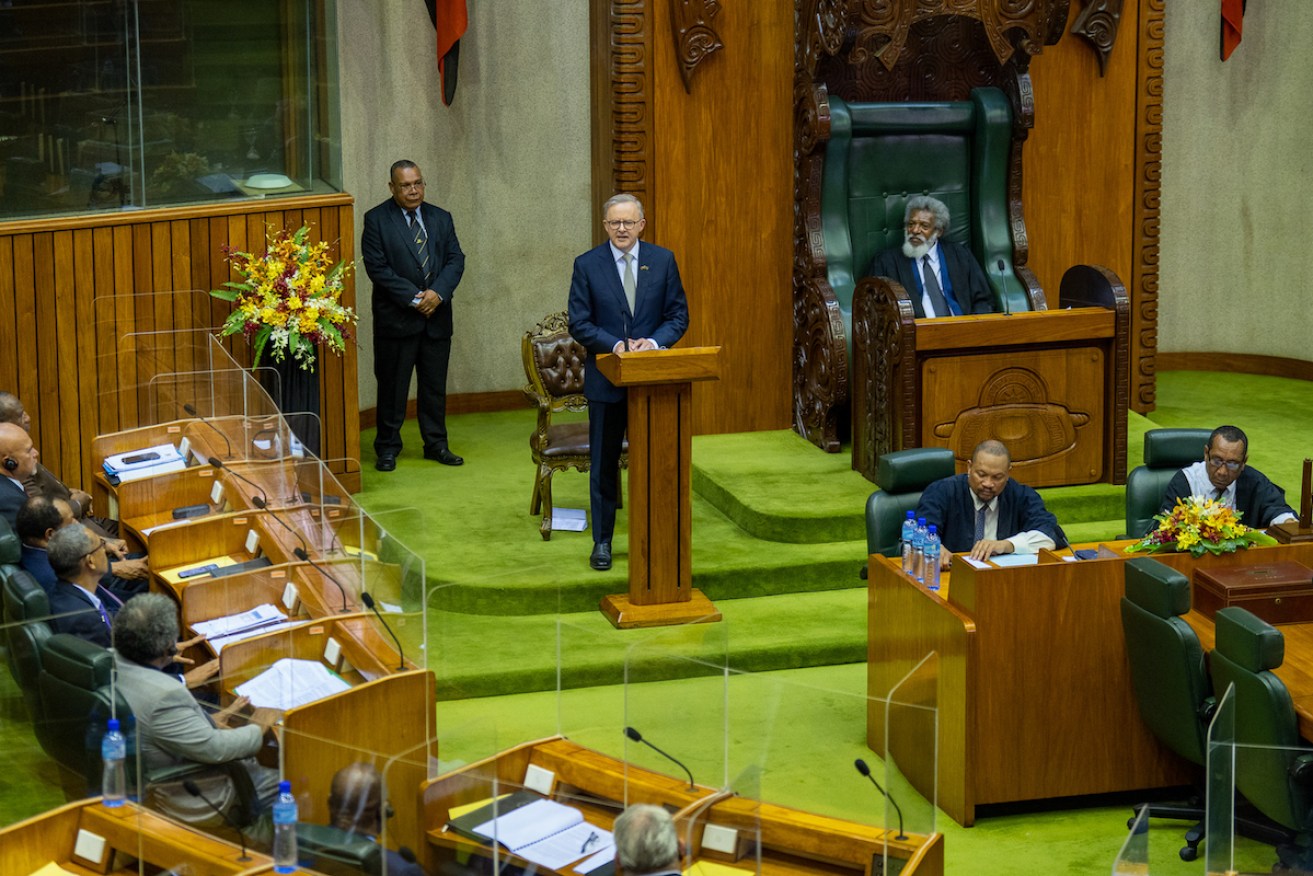 Australian Prime Minister Anthony Albanese addressing the Parliament of Papua New Guinea in Port Moresby. Photo: AAP Image/Supplied by the Prime Minister's Office