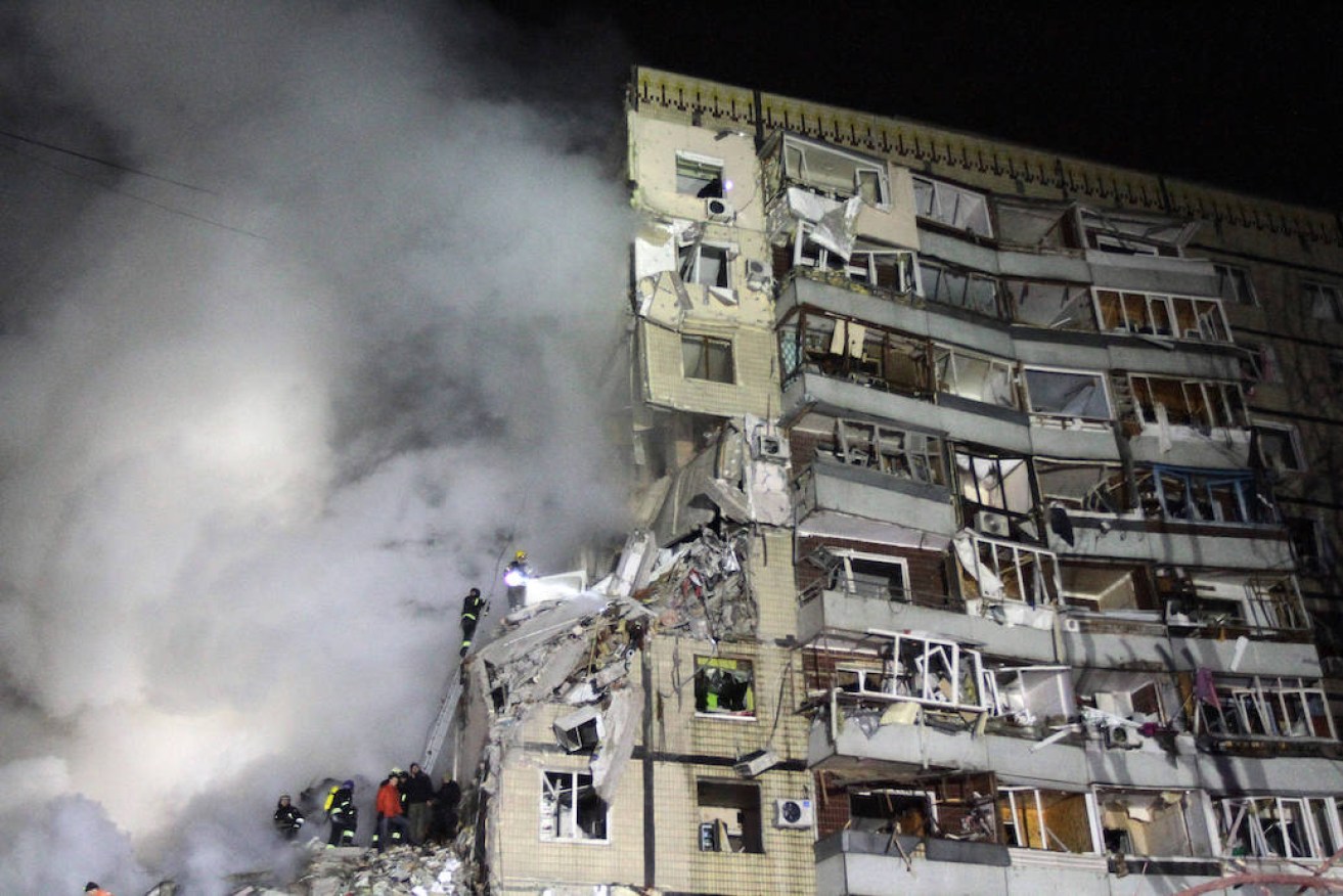 The apartment block in Dnipro, Ukraine hit by a Russian missile that killed 30 people. Photo: Mykola Miakshykov/Ukrinform/ABACAPRESS.COM
