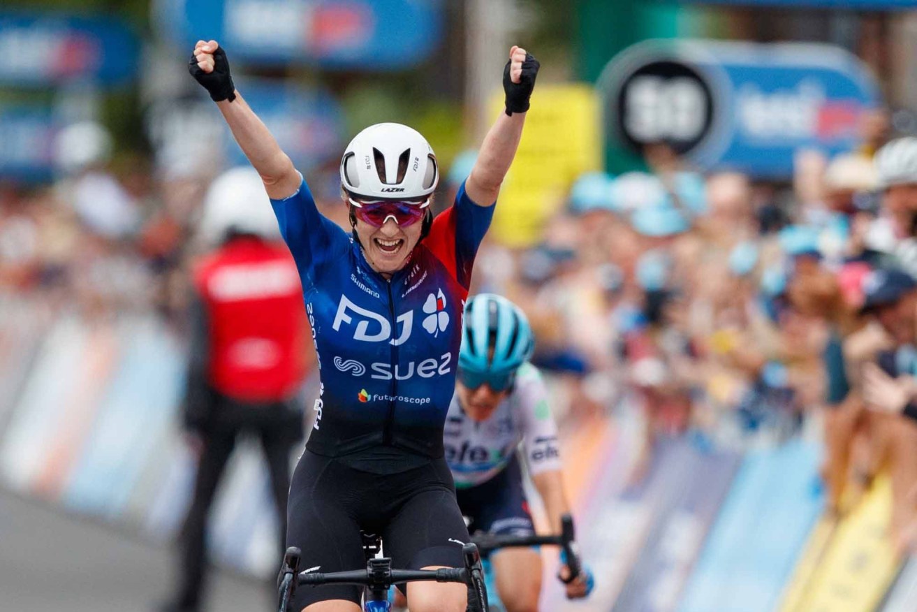 Grace Brown of FDJ Suez wins stage three of the Tour Down Under in Adelaide today. Photo: AAP/Matt Turner