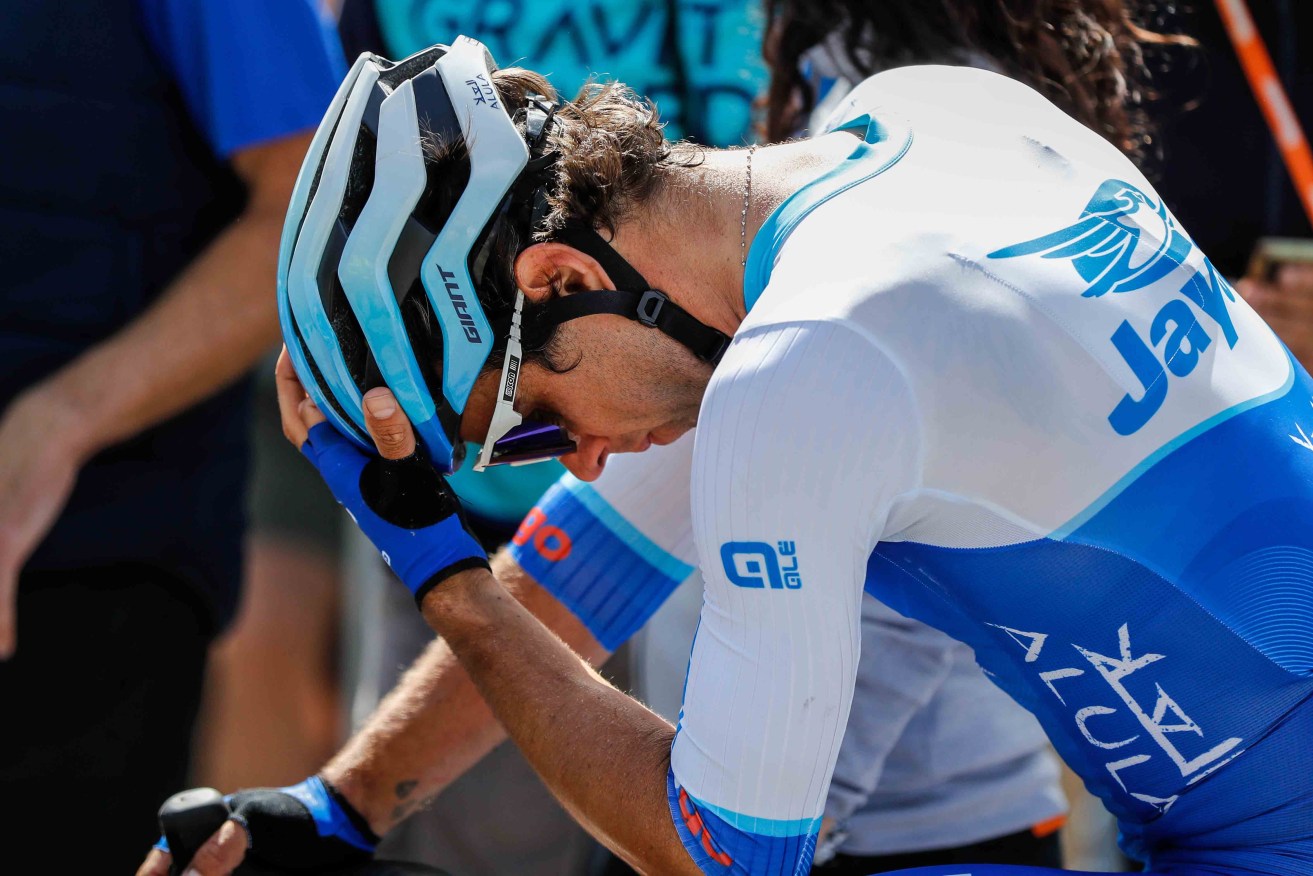 An emotional Michael Matthews after the Men's Stage 2, Brighton to Victor Harbor stage of the 2023 Santos Tour Down Under. Photo: AAP/Matt Turner