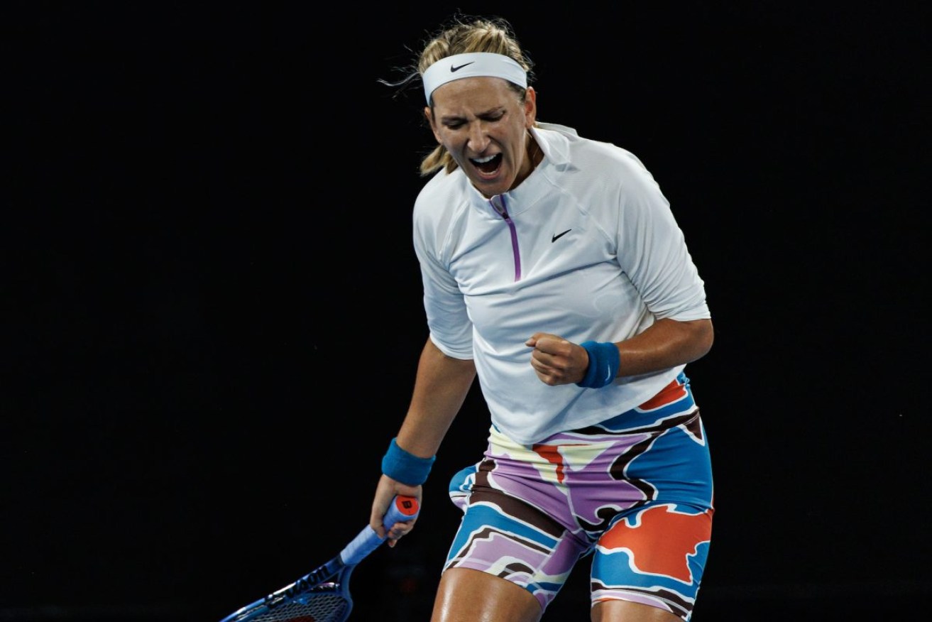 Victoria Azarenka celebrates during her match against Lin Zhu  which didn't finish until 2.17am (EDST). Photo: Mike Frey-USA TODAY Sports/Sipa USA/AAP