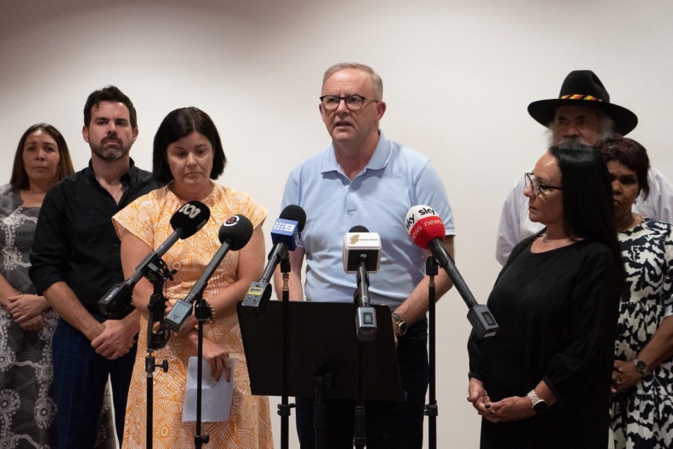 Prime Minister Anthony Albanese and NT Chief Minister Natasha Fyles (left) speak to media about alcohol restrictions in Alice Springs. Photo: AAP/Pin Rada.