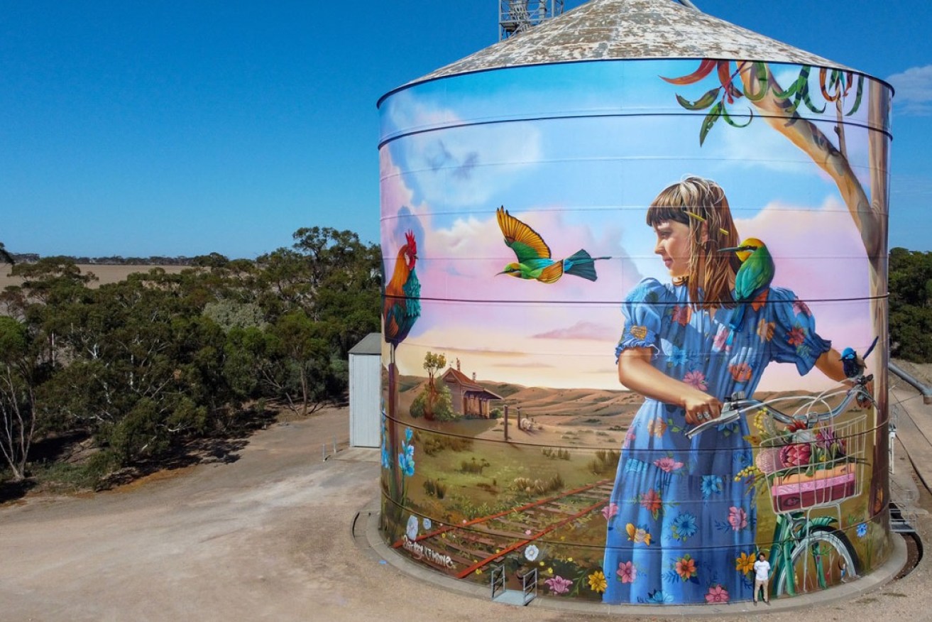 The "beaut" silo art by artists Scott Nagy and Janne Birkner from the Juddy Roller street art network.