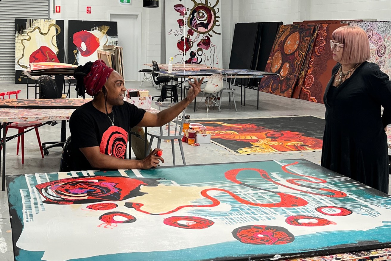 Creative collaborators Zaachariaha Fielding and Heather Croall – Fielding's paintings have inspired many of the drone animations in 'Electric Skies'. Photo: Adelaide Fringe 