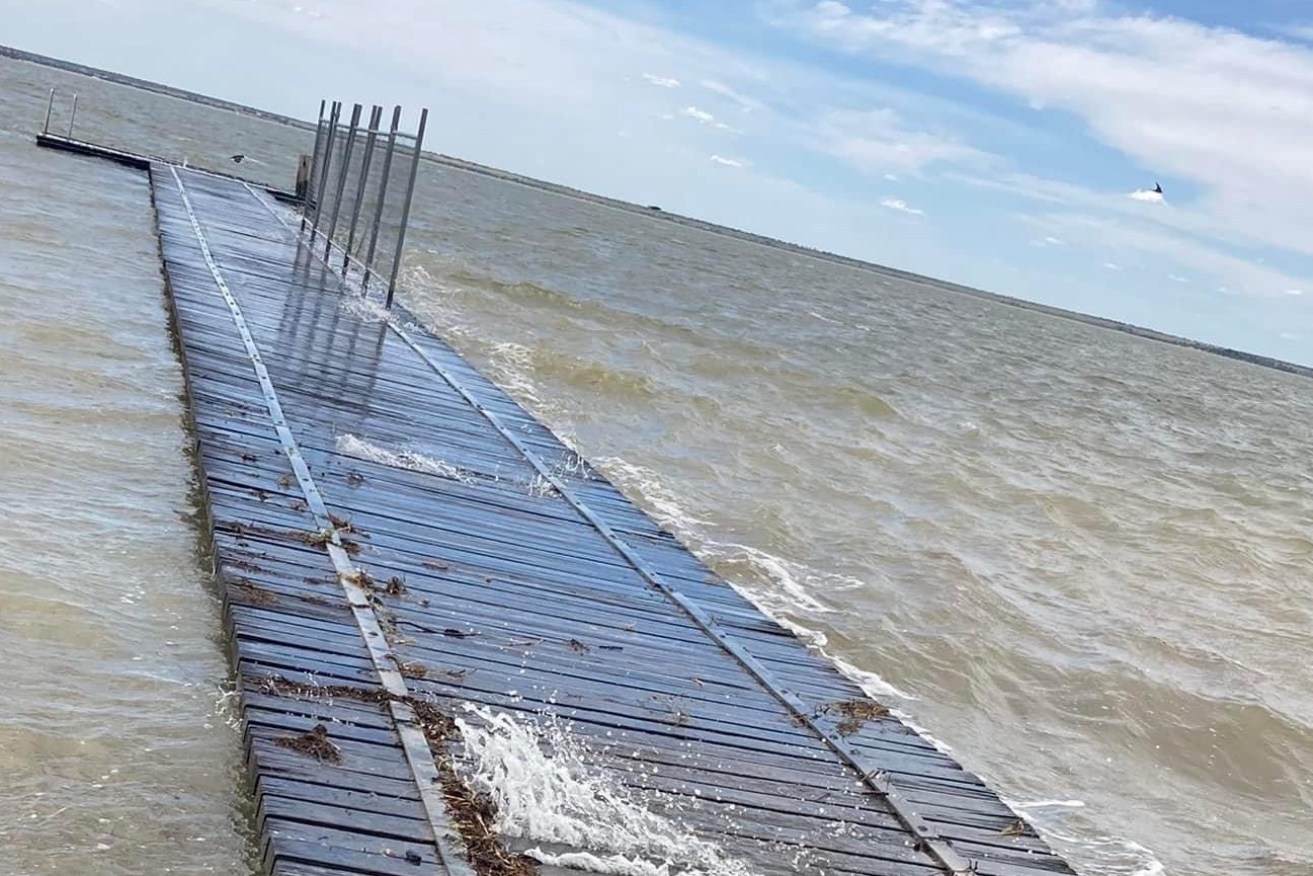 Lake Bonney jetty in the process of going under as River Murray water rose last year. Photo: supplied