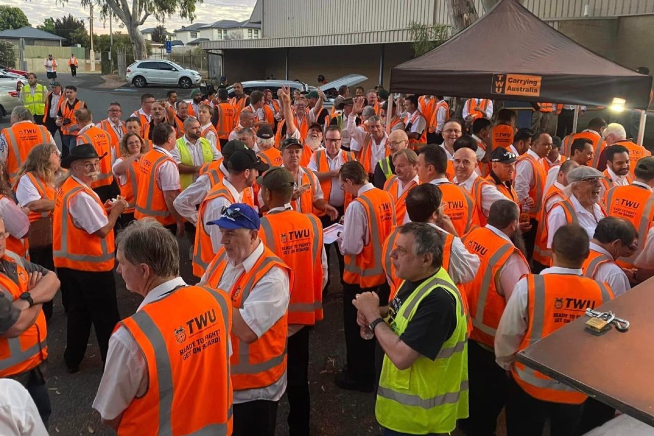 Striking bus drivers at the St Agnes bus depot this morning. Photo: TWU/Facebook