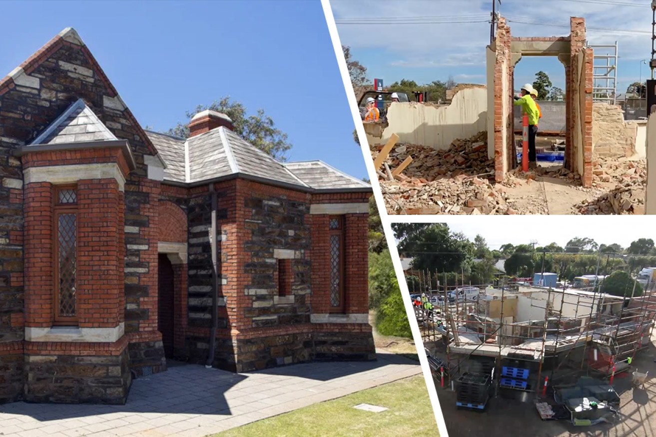 The Urrbrae gatehouse before it was dismantled, one stone at a time, in March 2022. Left photo: Tony Lewis/InDaily; right photo: DIT/supplied