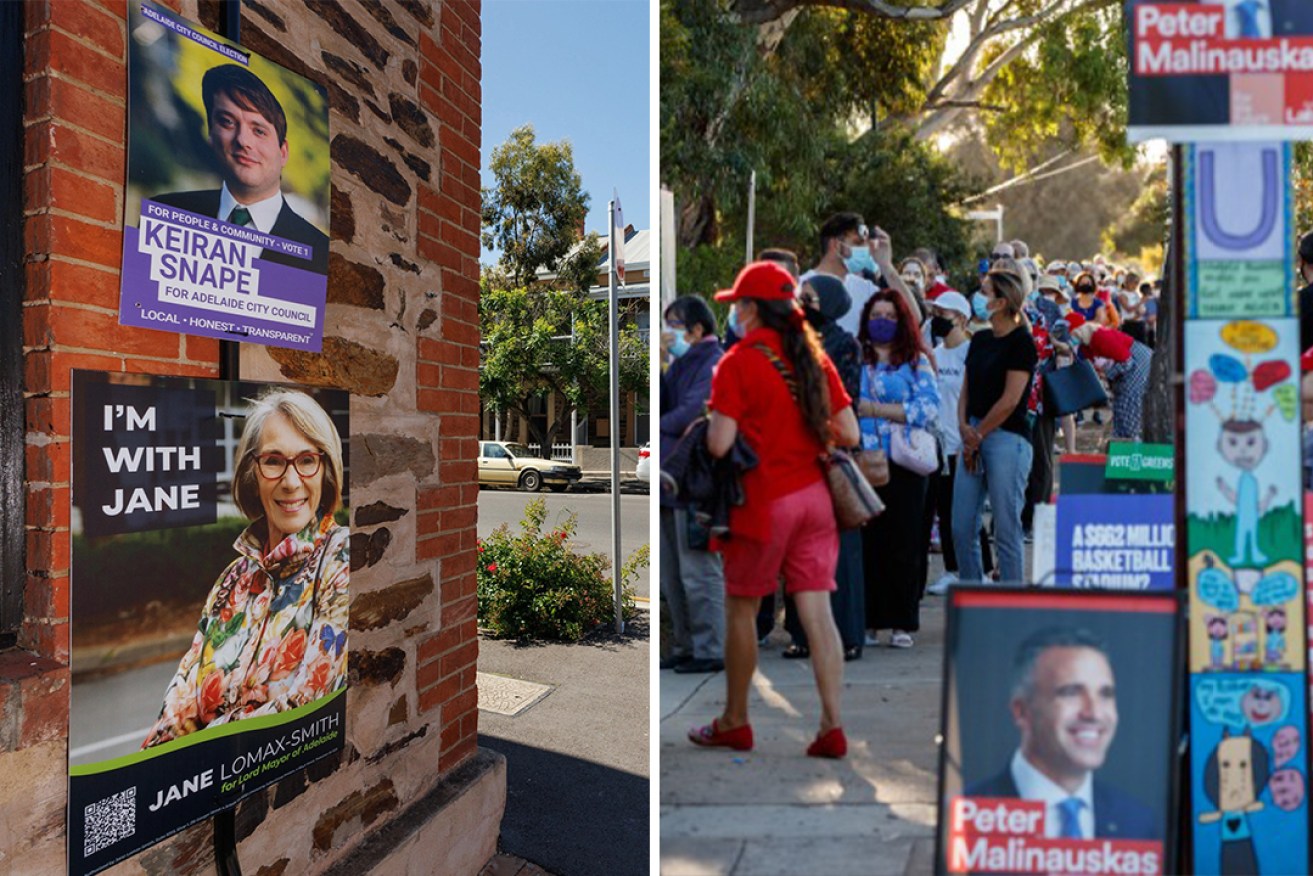 South Australians voted in local, state and federal elections in 2022. Left photo: Tony Lewis/InDaily; right photo: Matt Turner/AAP