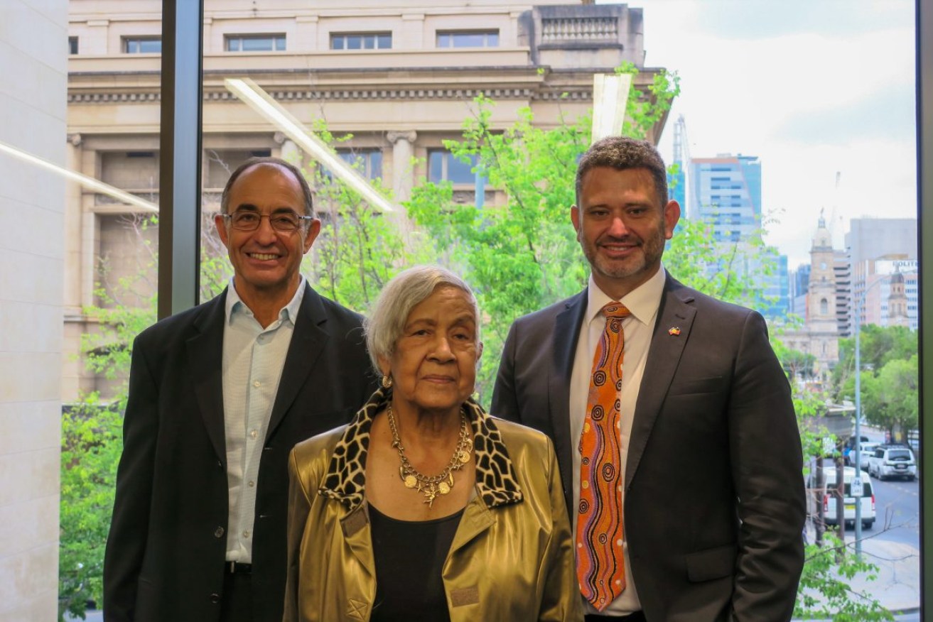 SA Chief Justice Chris Kourakis and Attorney-General Kyam Maher announce new judicial appointments with Kaurna and Narungga elder Yvonne Agius. Photo: Jason Katsaras/InDaily
