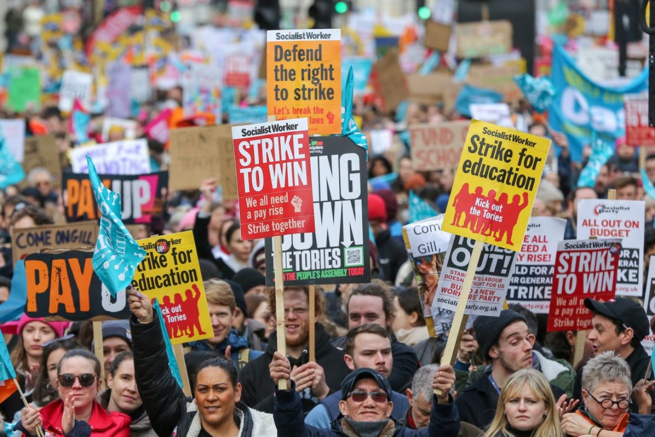 Tens of thousands of members of the National Education Union (NEU), students and members of other trade unions marched through central London and rallied outside Downing Street on Britain's biggest strike in a decade. Photo: Steve Taylor/SOPA Images/Sipa USA