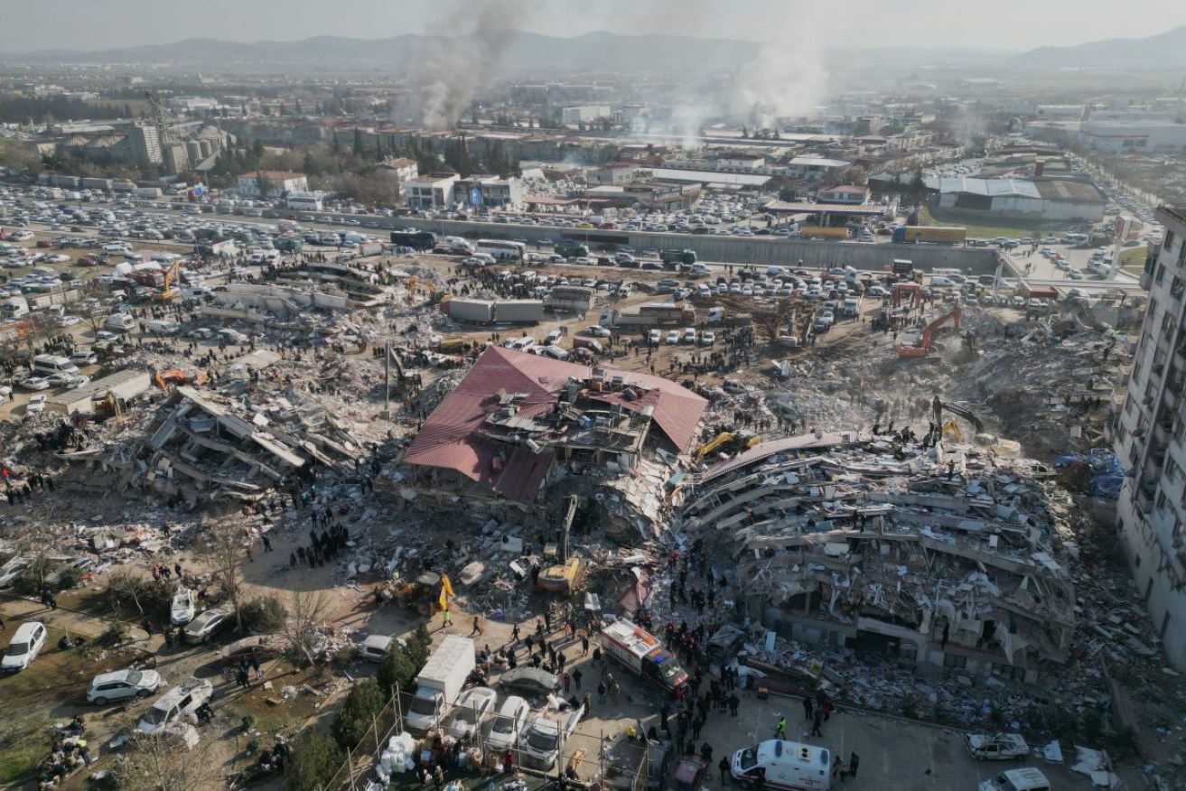 A drone photo shows the extent of damage in Kahramanmaras, southeastern Turkey. Photo:  EPA/ABIR SULTAN