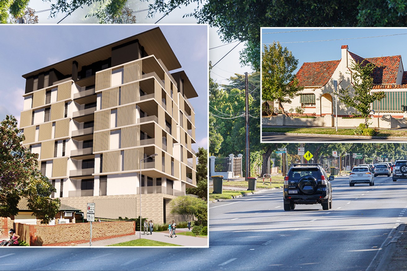 The state's planning minister has responded to community concerns about high-rise development along Anzac Highway near a character area, after an eight-storey building (inset left) was approved in 2021. Photos: Tony Lewis/InDaily; inset left image: Future Urban/Piteo Architects