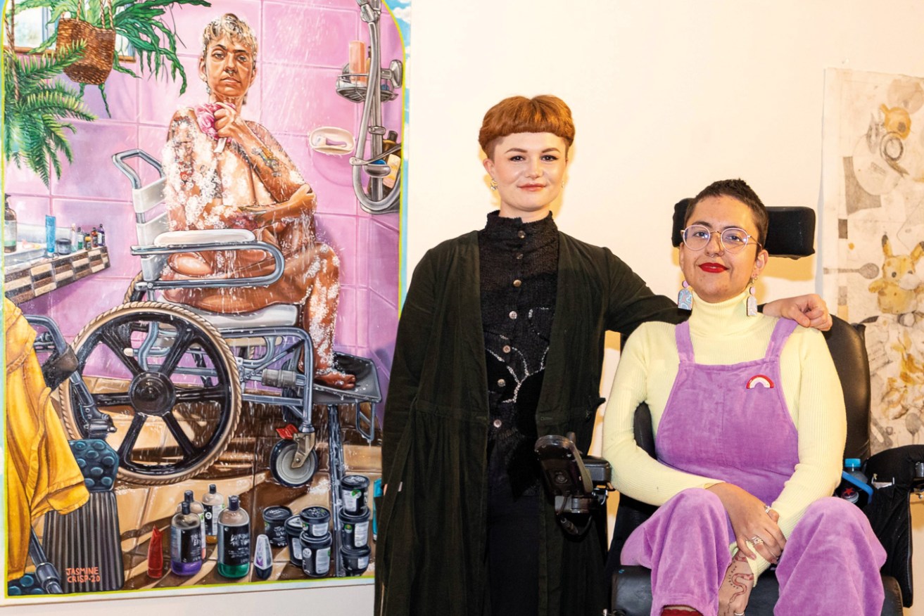 2021 Creative Health Art Prize winner Jasmine Crisp with Ruby Allegra and  winning artwork ‘They had to share (a portrait of Ruby). Photo: Supplied