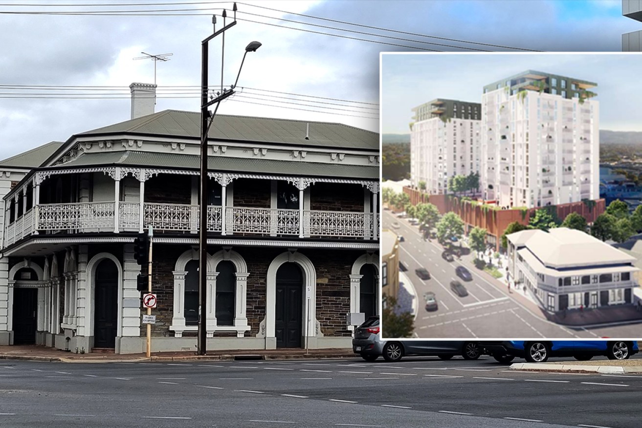 The 146-year-old Royal Hotel at 2 North Terrace, Kent Town has been identified as the location of a major apartment development featuring 21 per cent affordable housing. Photo: Thomas Kelsall/InDaily; inset image: City Collective