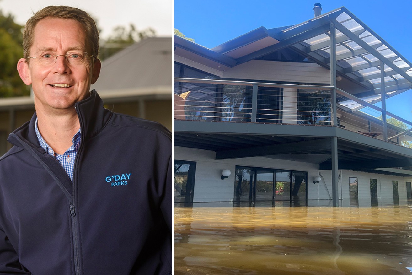 Discovery Parks CEO Grant Wilckens' own shack near Mannum was heavily damaged by River Murray flooding. Photo: Supplied.