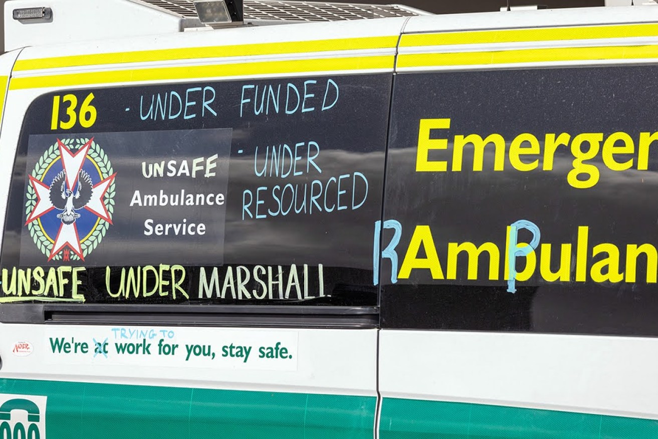 A chalked ambulance as part of the ambulance union's campaign ahead of the March 2022 state election. Photo: Tony Lewis/InDaily 
