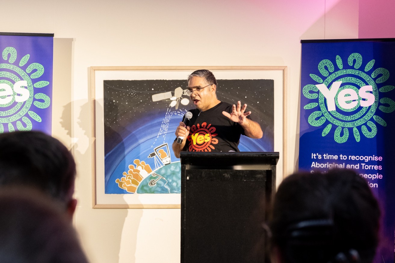 Tandanya CEO Phil Saunders speaks at the launch of the yes campaign for the Indigenous Voice to parliament in Adelaide. Photo: Johnny von Einem/CityMag 