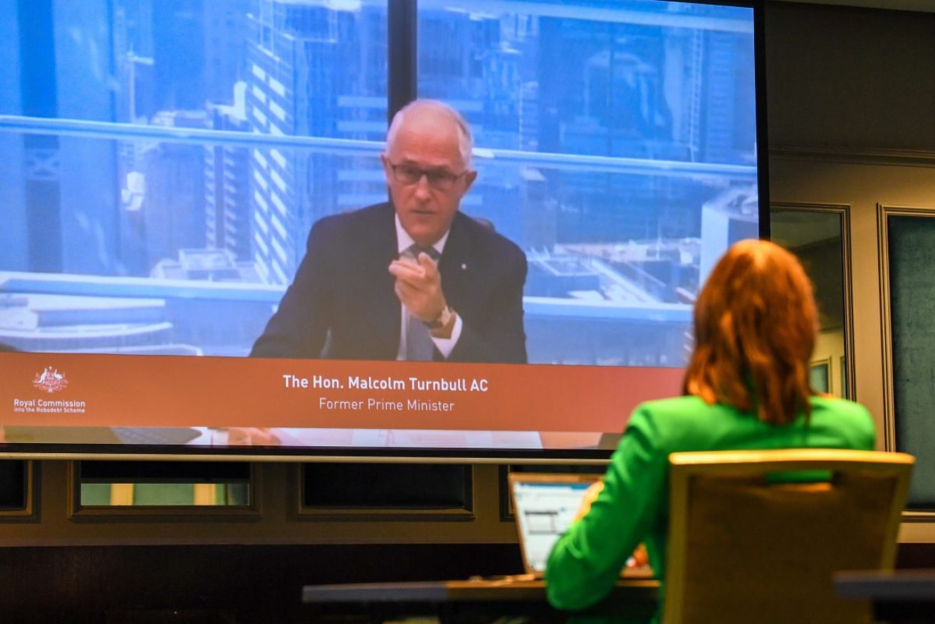 Former Prime Minister Malcolm Turnbull gives evidence via video link to the robodebt Royal Commission. Photo: AAP/Jono Searle