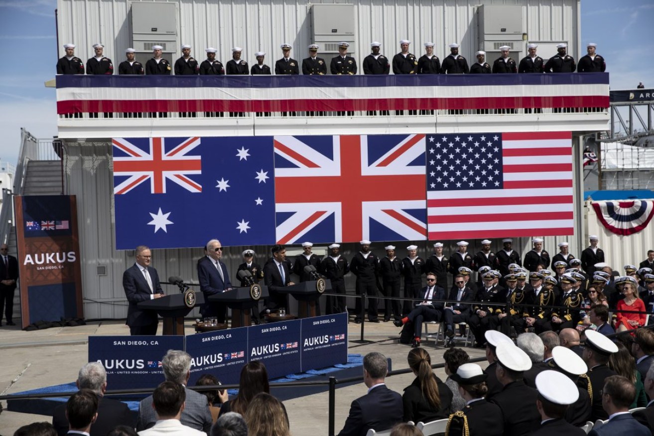 Prime Minister Anthony Albanese, US President Joe Biden and United Kingdom Prime Minister Rishi Sunak announce the AUKUS submarines deal on Tuesday. Photo AAP