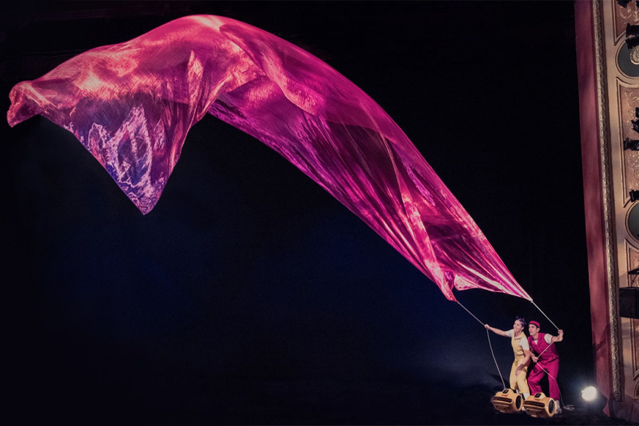 Colourful fabric swirls, dances and falls during the Acrobuffos' enchanting show 'Air Play'. Photo: Florence Montmare 