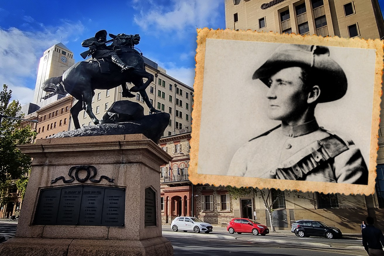 The South Australian Boer War Memorial on the corner of North Terrace and King William St. Inset image: Harry "Breaker" Morant. Photo: Thomas Kelsall/InDaily; inset image: Image: Australian War Memorial