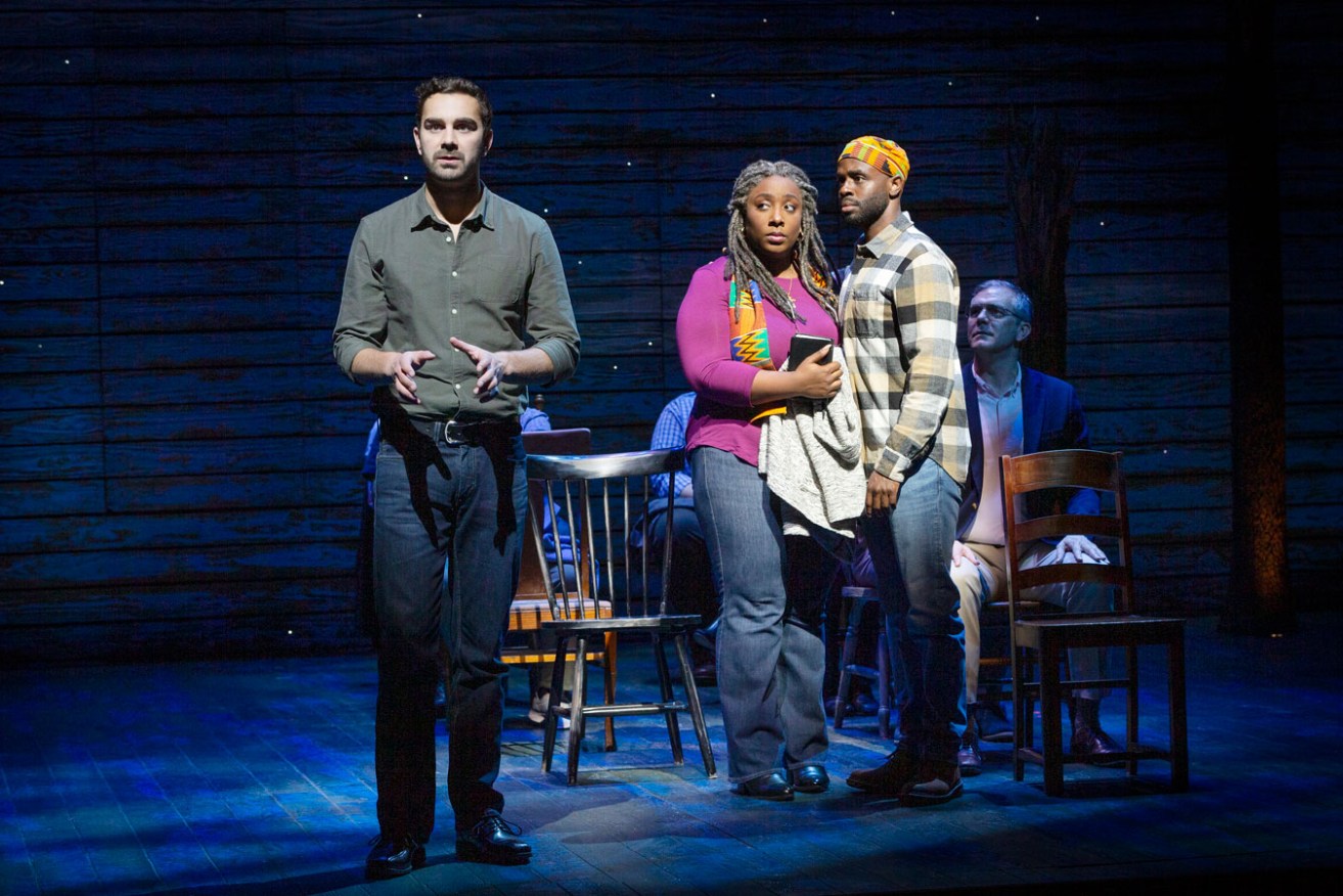 A versatile cast of performers play passengers, plane crew and Newfoundlanders in 'Come From Away'. Photo: Jeff Busby / Supplied