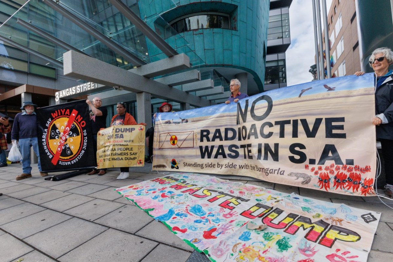 A protest against the proposed Kimba nuclear waste dump outside the Federal Court in Adelaide on Monday, March 6. Photo: Tony Lewis/InDaily