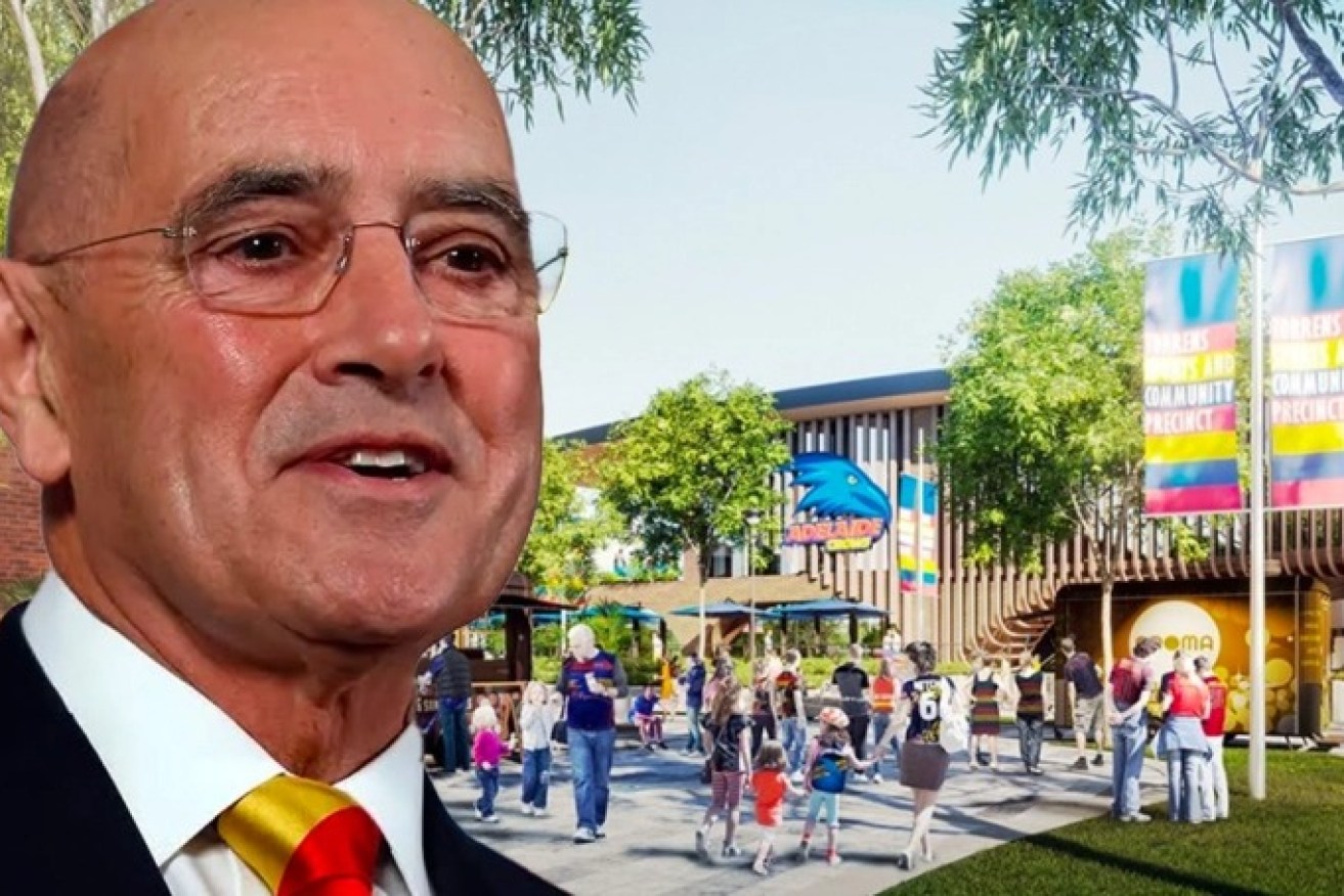 Crows chairman John Olsen says his club will be "borrowing to our maximum" to fund its new Thebarton base. Photo: Tony Lewis/InDaily, Image supplied Adelaide Football Club/City Collective. Composite image: Tom Aldahn/InDaily