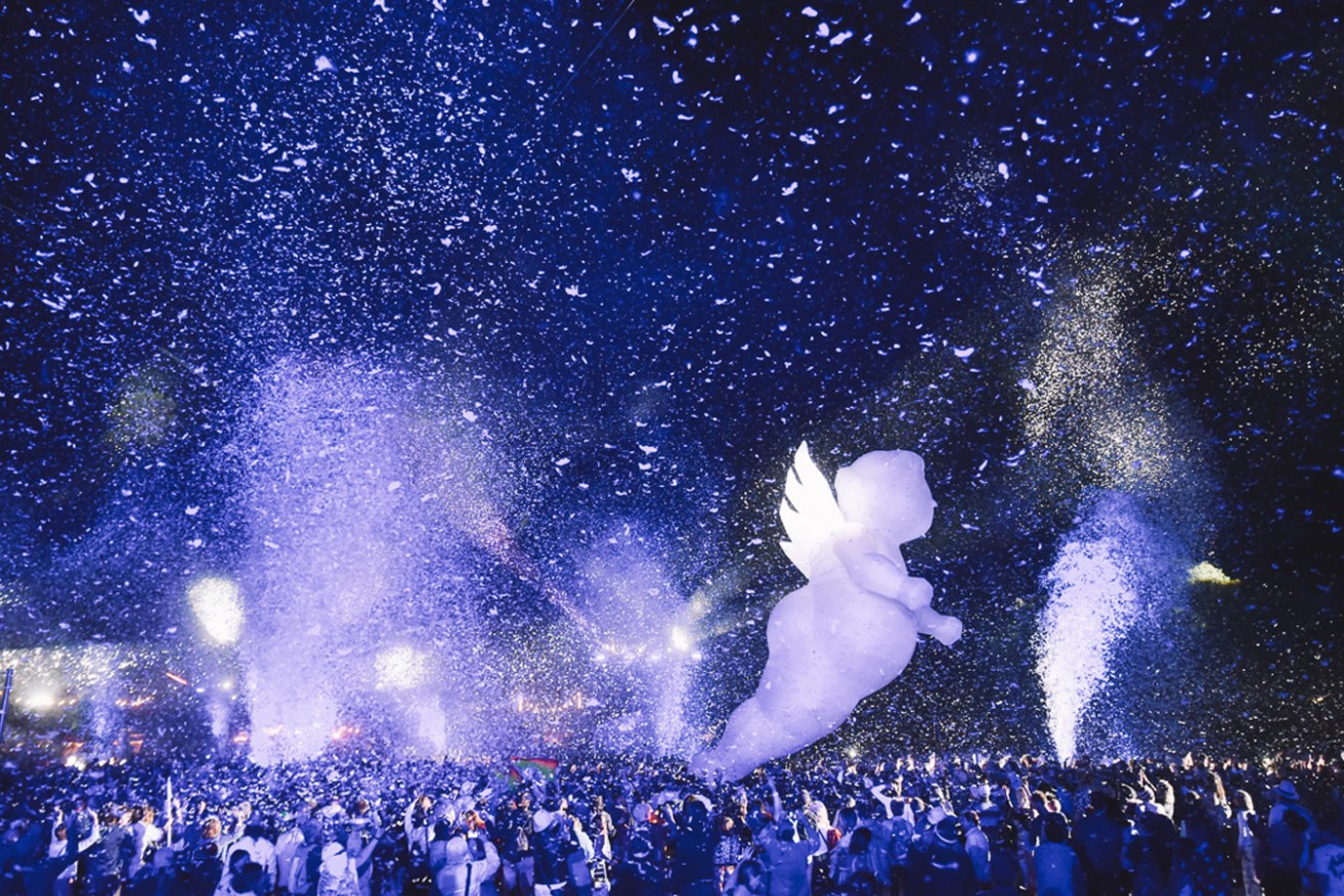 Gratte Ciel's 'Place des Anges' – first presented at WOMADelaide in 2018 – culminates in a huge feather storm. Photo: Jack Fenby / Supplied