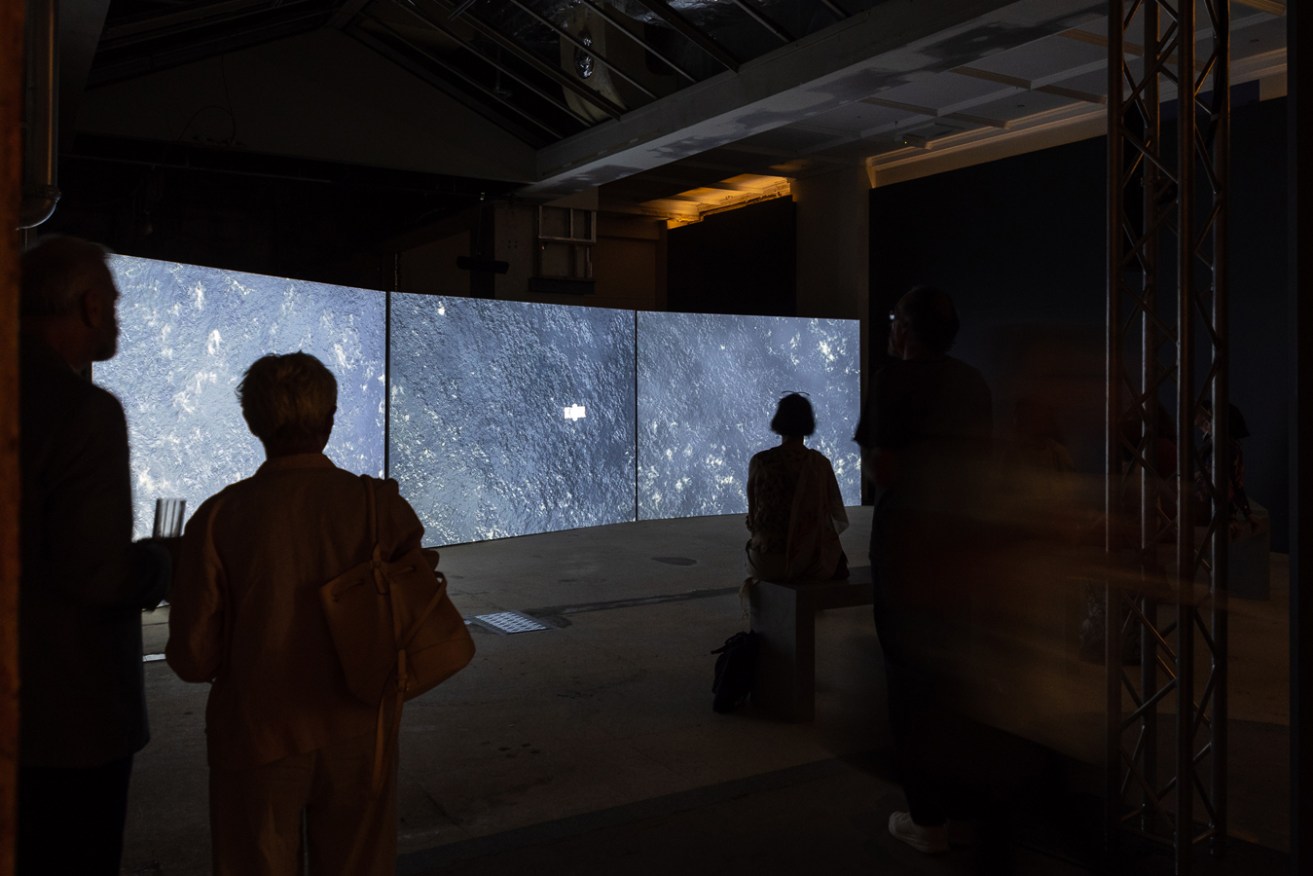Visitors are absorbed by James Newitt's 'Haven', showing in the north-eastern concourse at Adelaide Railway Station. Photo: Sia Duff / Supplied