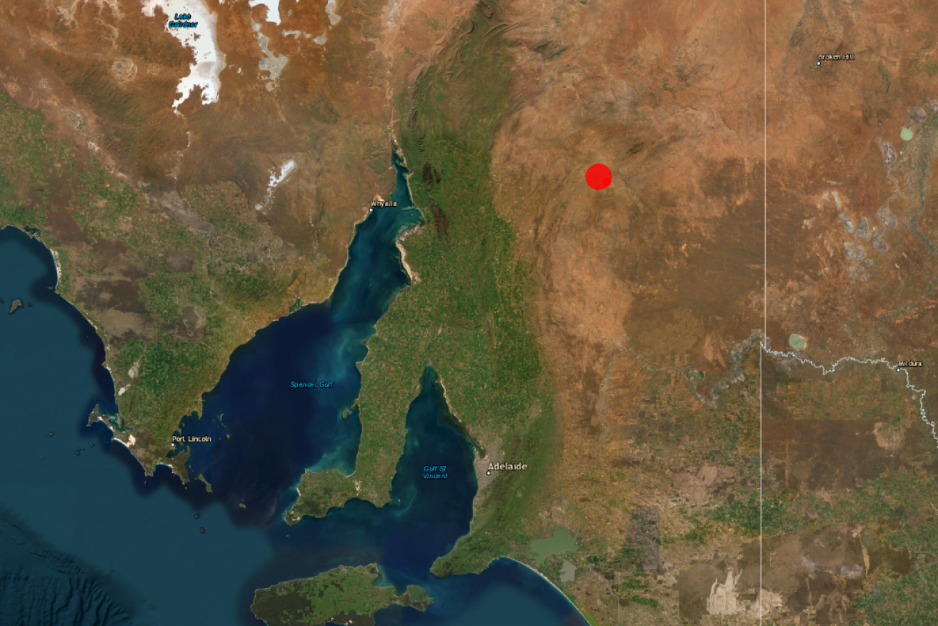 A red dot indicating the location of the earthquake in the Flinders Ranges today. Map: Geoscience Australia