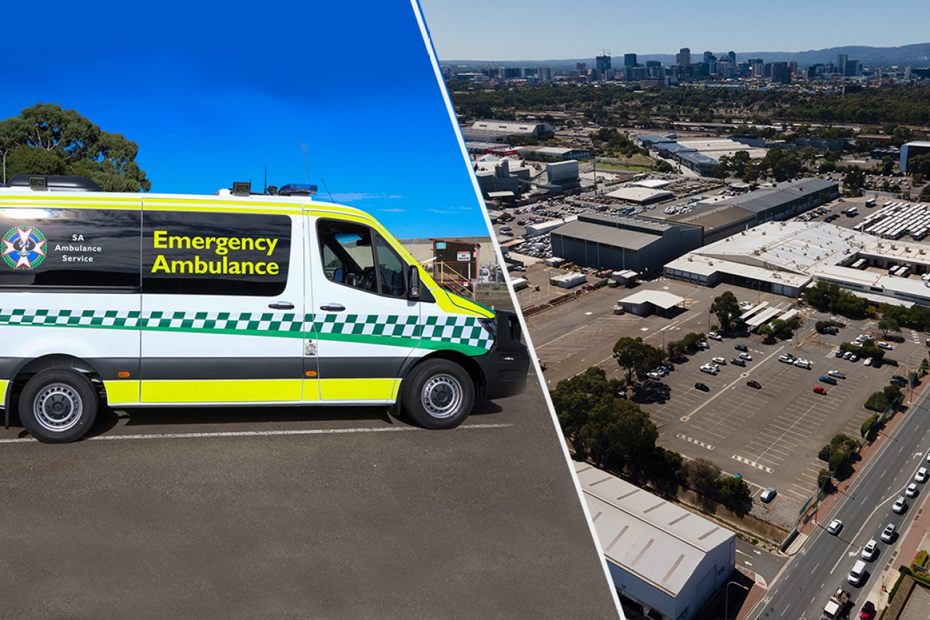 One of the new energy efficent ambulances unveiled by the state government today along with an aerial shot of the plot of land in Mile End earmarked for a new SAAS headquarters and Adelaide ambulance station. Photos: supplied