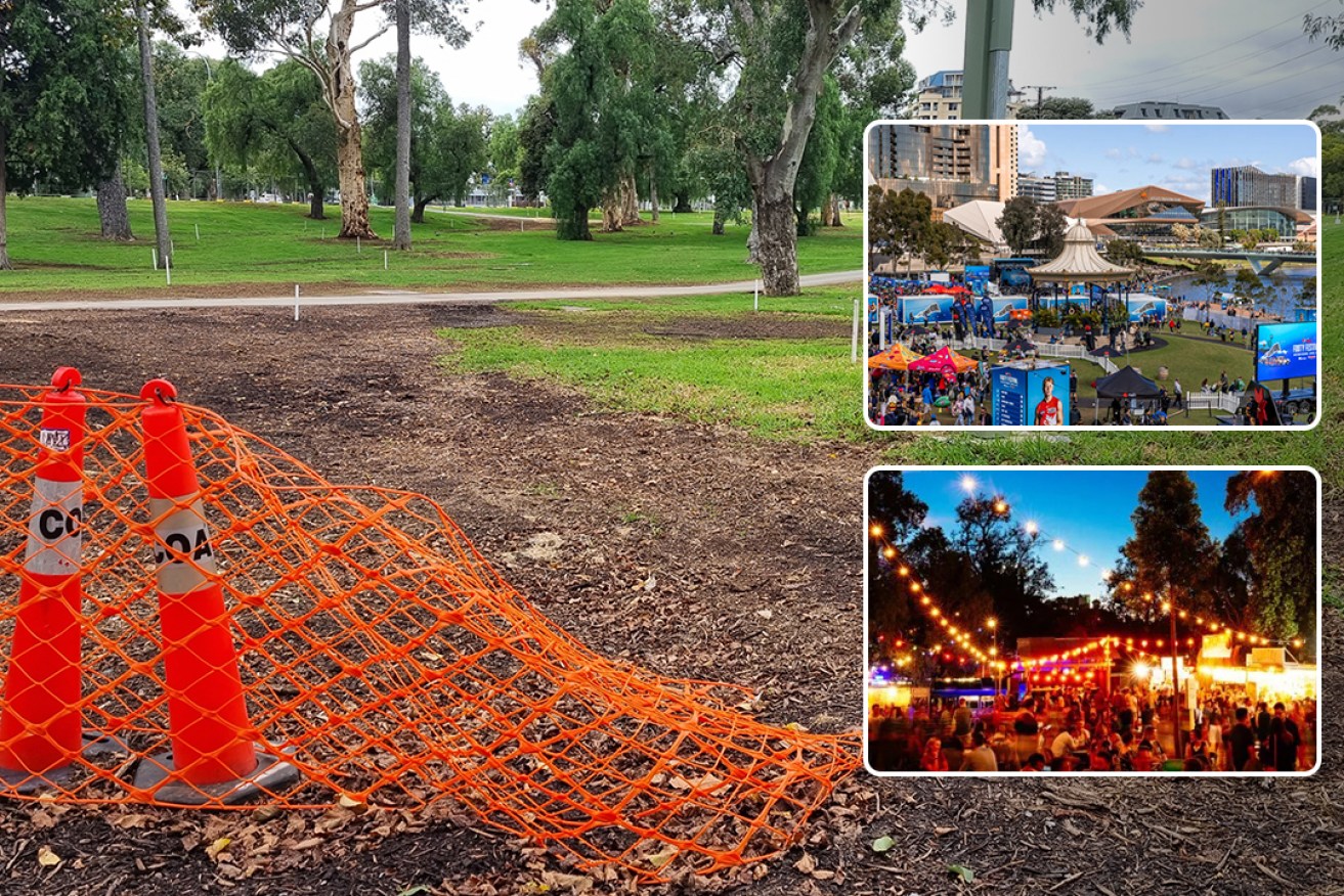 A view of the eastern park lands in the wake of Adelaide Fringe. The Adelaide City Council has raised concerns about the impact of major events on park lands maintenance efforts. Photo: Thomas Kelsall/InDaily, inset photos: Frankie the Creative/SATC and Andre Castellucci