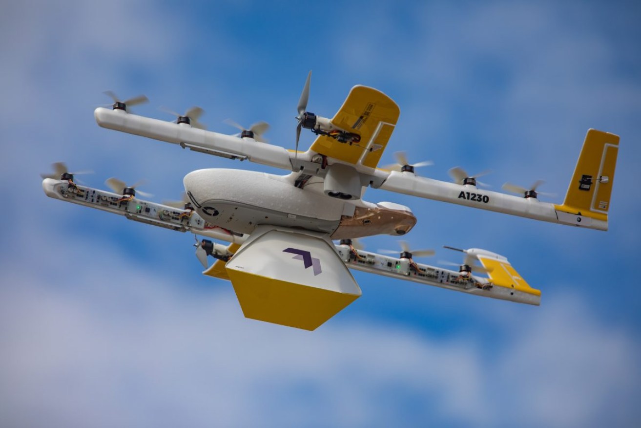 A Google Wing drone food delivery in Logan, Queensland. Photo: AAP