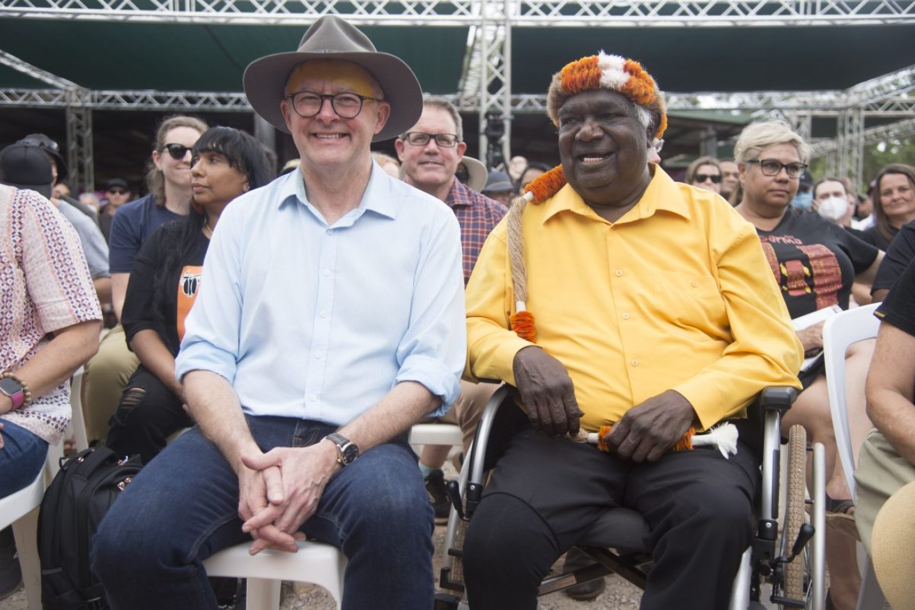 Prime Minister Anthony Albanese with Yunupingu at the 2022 Garma Festival in Arnhem Land. Photo: AAP/Aaron Bunch