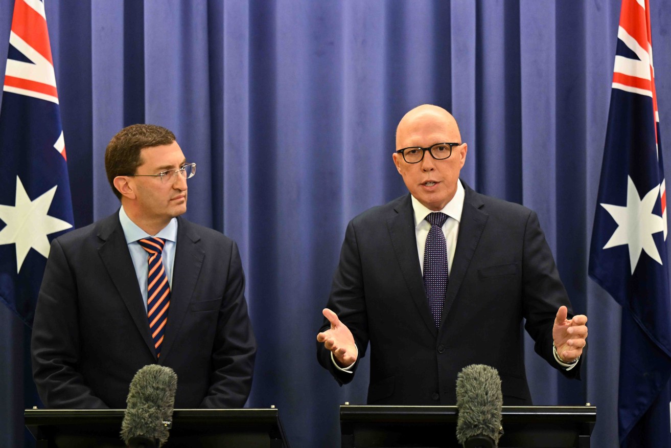 Shadow attorney-general Julian Leeser (left) with Opposition leader Peter Dutton last month. Photo: AAP/Lukas Coch