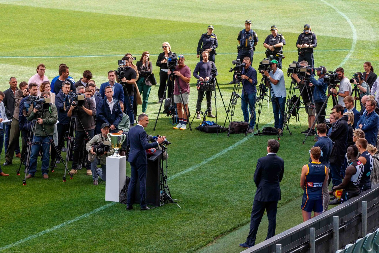 South Australian Premier Peter Malinauskas at a packed press conference at Adelaide Oval yesterday. Photo: AAP/Matt Turner