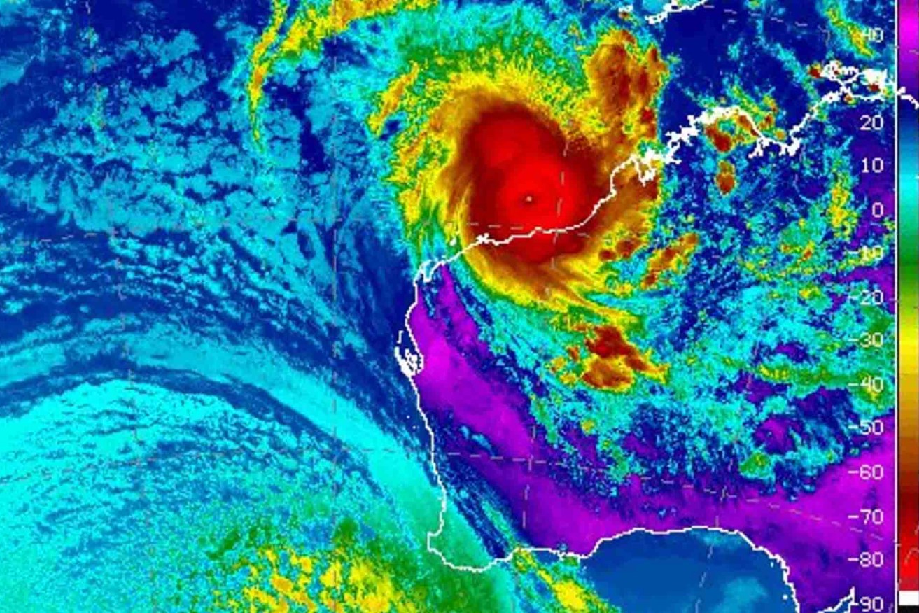 A Bureau of Meteorology satellite image of Tropical Cyclone Ilsa crossing the WA coast. Photo: AAP/Supplied by Bureau of Meteorology
