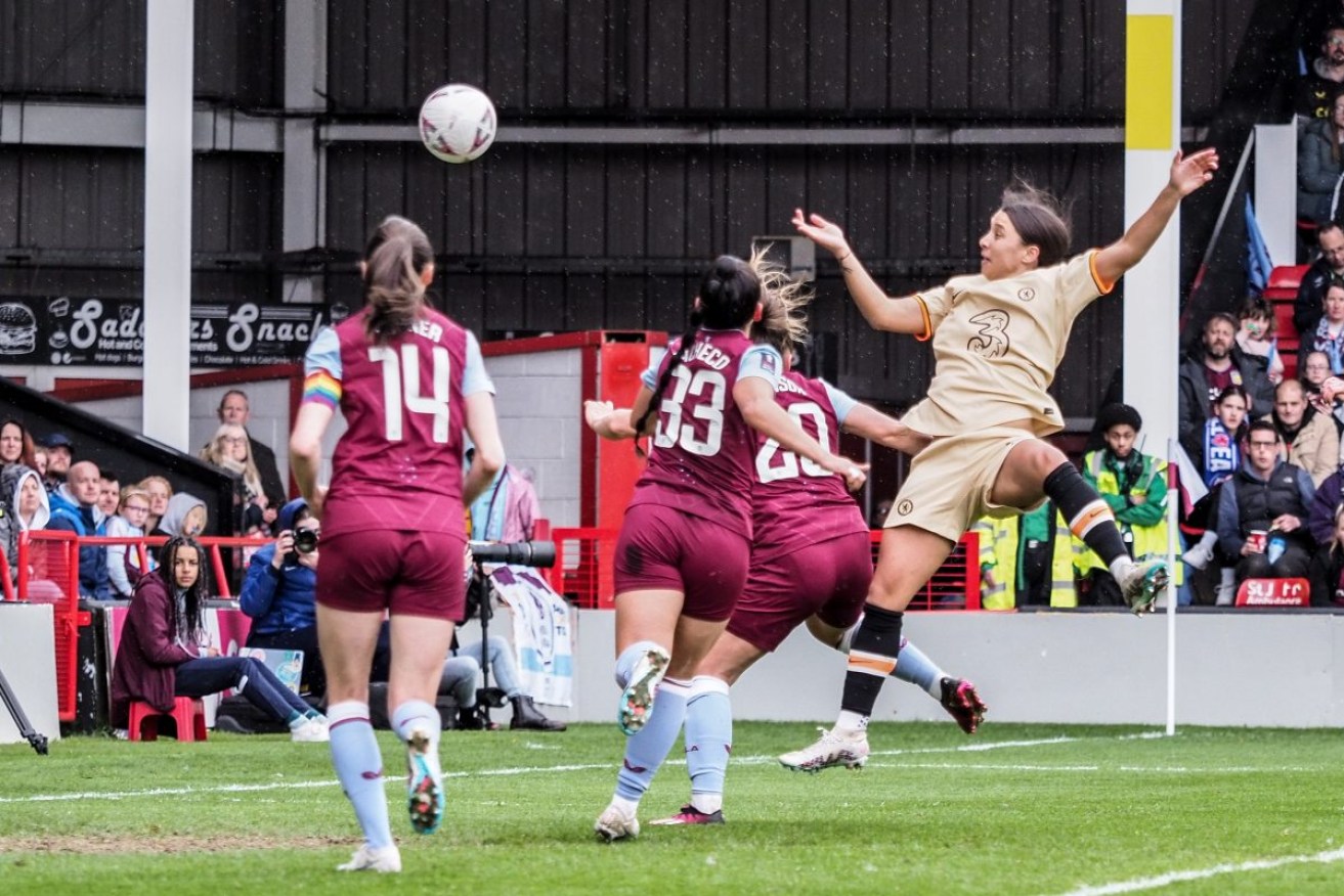 Sam Kerr scores for Chelsea during the Women's FA Cup semi final against Aston Villa. Photo: Natalie Mincher/SPP/Sipa USA